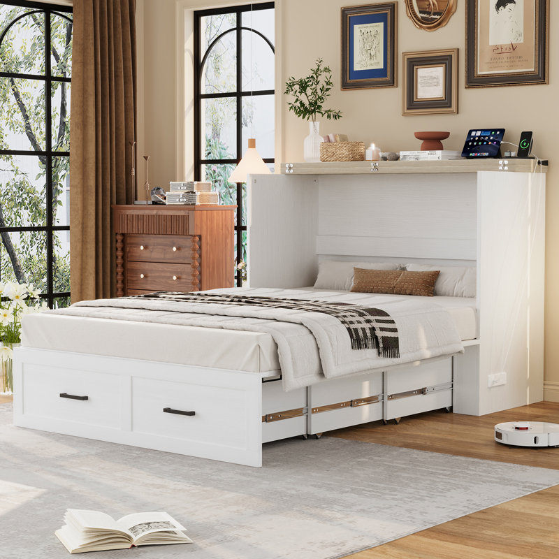 Versatile Foldable Murphy Cabinet Bed With Large Storage And Charging Feature, White, Queen