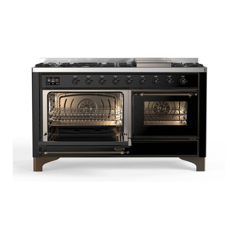 ILVE UM15FDNS3BGG Majestic II 60 inch Dual Fuel Range with 9 Burners, Griddle (Natural Gas, Triple Glass Door, Blue Grey, Brass)