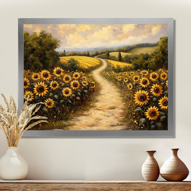 Donald tournesols le long du chemin de terre II - tournesols, art mural sur toile, H 24 po x l 32 po, Argent argent