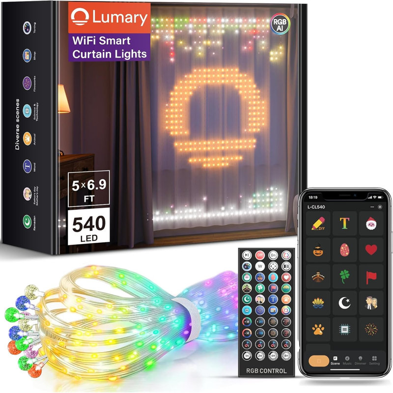 Lumary WiFi Smart Curtain Lights, World Cup Decor Curtain Lights with APP & Remote Control, DIY Color Changing, Pattern GIF Display for Outdoor Indoor