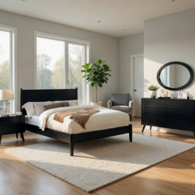 Ensemble de chambre avec grand lit 4 pièces Leyla, commode avec miroir ovale, bois noir