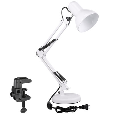 Stelly Metal Adjustable Swing Arm Desk Lamp with Base and Clamp, White