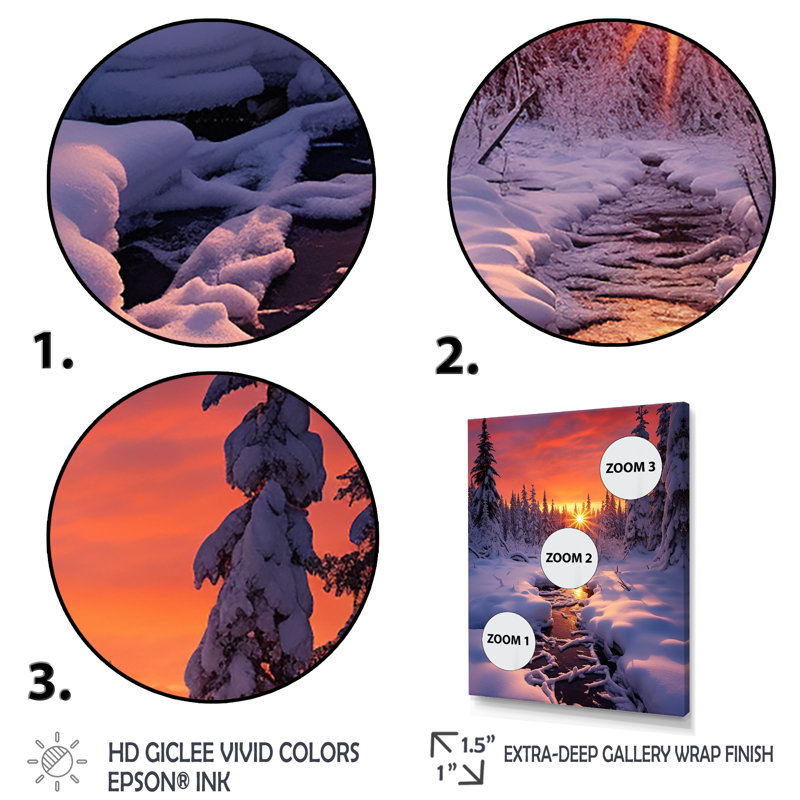 Rose et jaune en hiver lever de soleil III - paysage d'hiver, Cadre simple noir, H 32 po x l 16 po x P 1 po