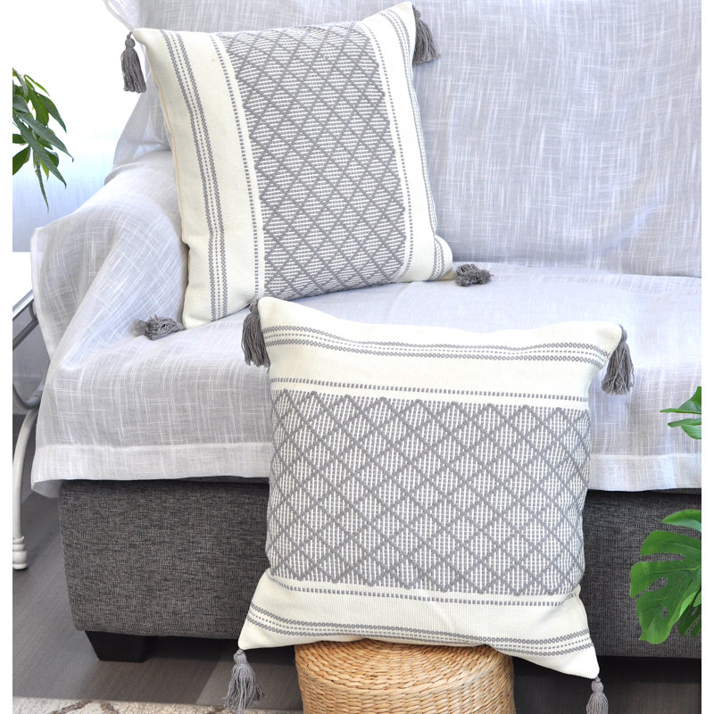 Woven Pillow Covers With Tassels, Geometric Pattern Pillowcases For Outdoor / Indoor (Set of 2), 16" x 16", Gray