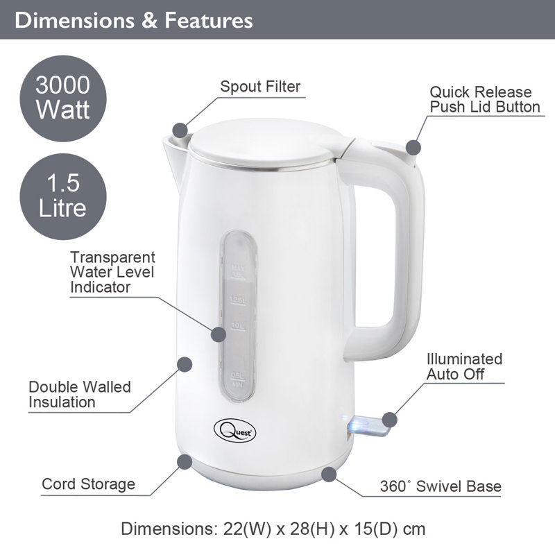 Quest 1.5L Stainless Steel Electric Tea Kettle