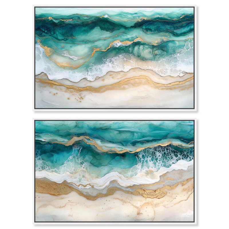 "Waters", ensemble de 2 toiles vertes et bleues par Art Remedy, H 36 po x l 54 po, Cadre flottant blanc