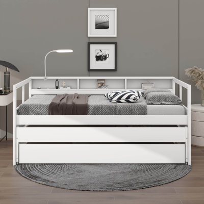 Lit de jour simple TG en bois avec 2 lits gigognes, 3 casiers de rangement et 1 lampe gratuite