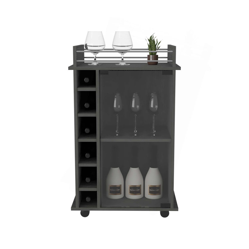 Dukat Bar Cart,Two Shelves, Six Built-In Wine Rack, Four Casters, Gray