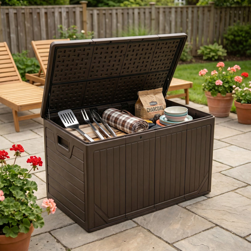 Edrosie Inc 300 Gallons Water Resistant Resin Lockable Outdoor Patio Deck Box, Brown