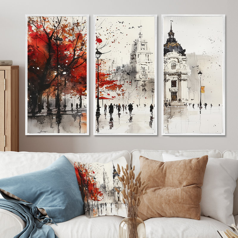 Rues vibrantes de Madrid en automne I - ensemble d'art mural Madrid, Reproduction avec cadre flottant, 40" H x 60" W, White