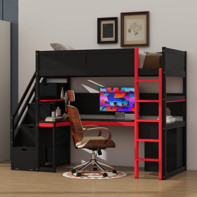 Lit mezzanine simple en bois à des fins de jeu, comprenant des escaliers pour le rangement, un bureau intégré, des tablettes et un panneau perforé