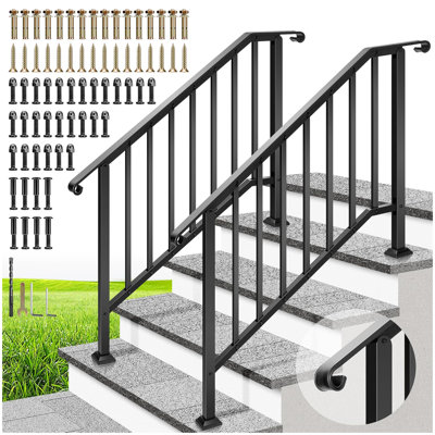 4 Step Galvanized Steel Hand Rails for Outdoor Steps – Curved Ends and Safety Balusters Exterior Railing for Porch, Deck, or Indoor Stairs, Complete Installation Kit
