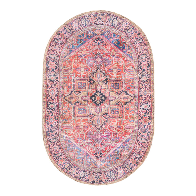 Tapis rouge / bleu marine / beige Prague, Ovale 2 pi x 3 pi 1 po