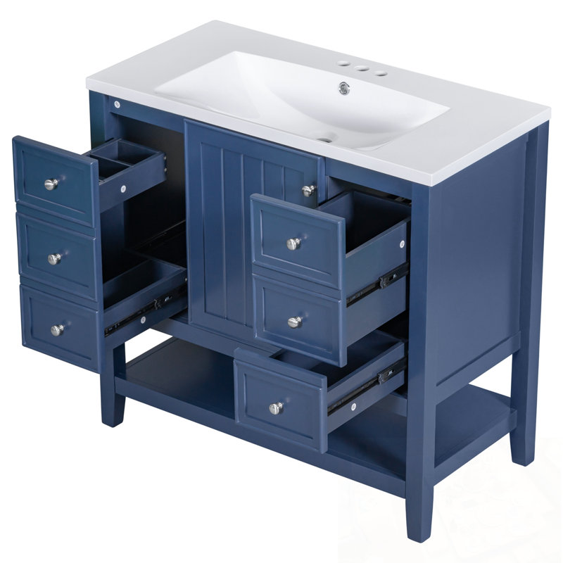 Meuble-lavabo avec lavabo, tablette ouverte et 3 tiroirs, Bleu