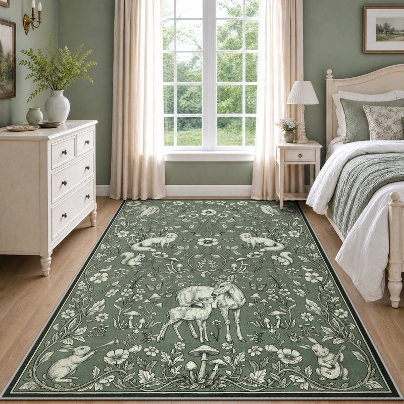 Tapis d'intérieur fantaisie à motif botanique forestier, doux, à poils courts, lavable et antidérapant, Beige, 8' × 10'