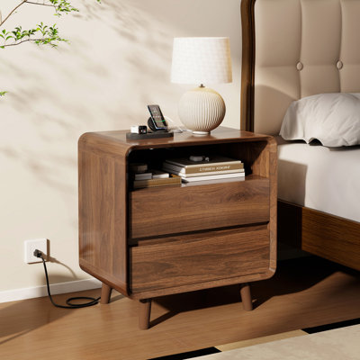 Angela Walnut Nightstand with Open Shelf & 2 Drawers, Bedside Table with Charging StationModern Walnut Design, 23.7"W x 15.8"D x 25"H