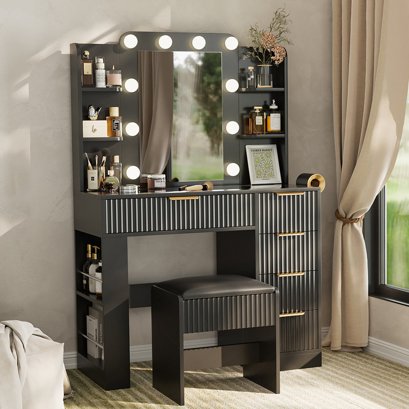 Ensemble de coiffeuse avec miroir et lumières, bureau de coiffeuse et tabouret rembourré avec station de charge, tiroirs de rangement et plateau de table transparent