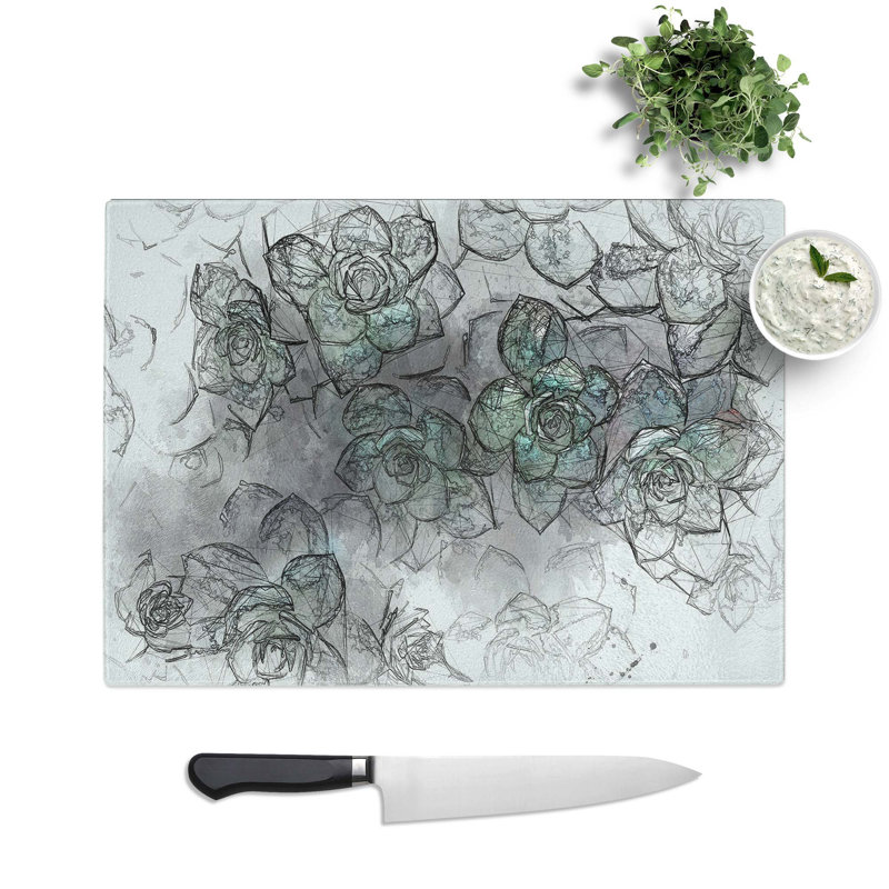 Glass Green Succulent in Bloom in Abstract Chopping Board, 28.5 cm W x 20 cm L