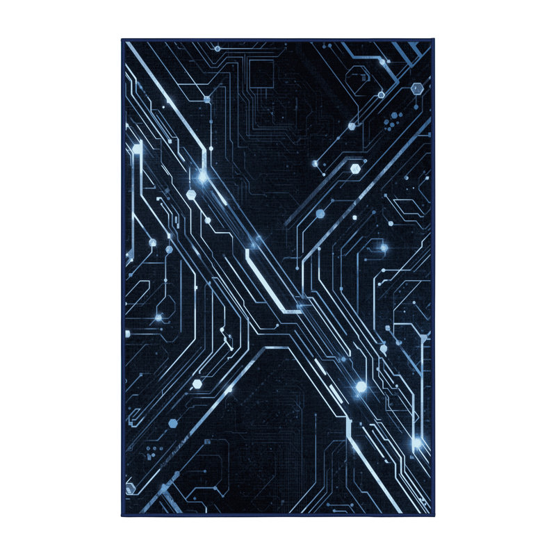Machine Washable Ottoline Sleek & Chic Modern Geometric Shapes Rug in Gray – Navy Binding, 6 x 9