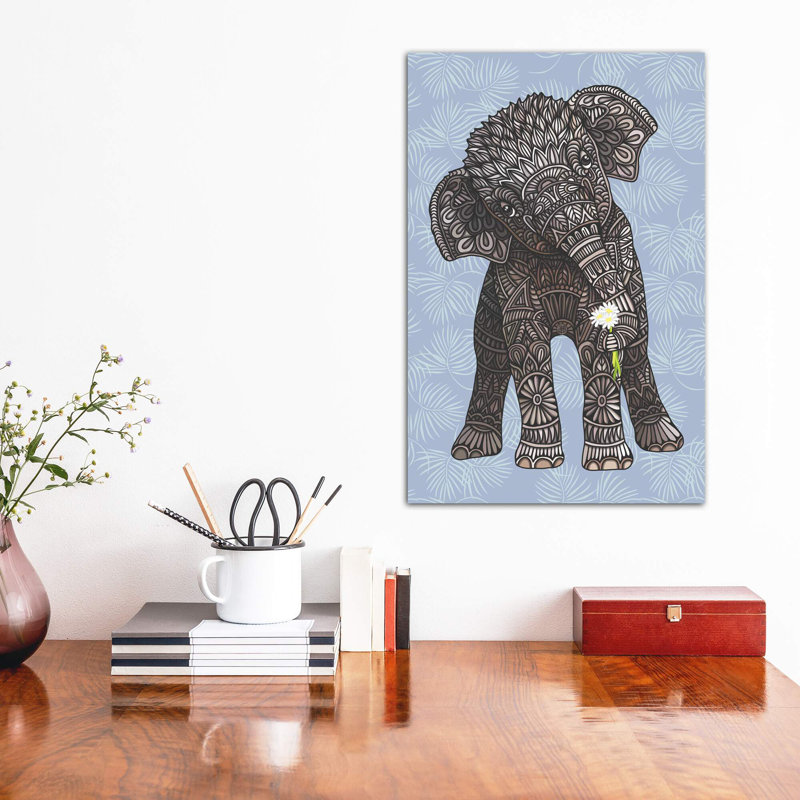 «Baby Elephant - Blue» par Angelika Parker - impression d'art graphique, H 18 po x l 12 po x 1,5 po, Toile tendue