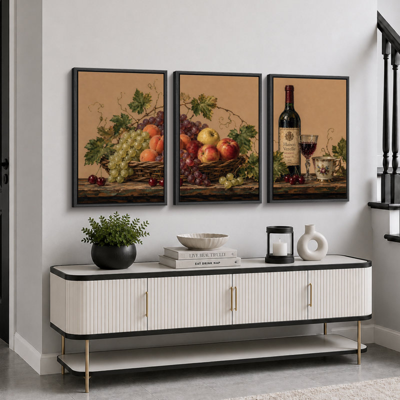 «Rustic Grape Apple Wine Still Life», art de la salle à manger, impression sur toile encadrée, 3 pièces, Cadre noir
