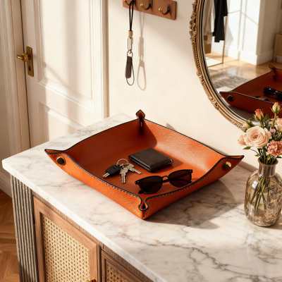 Motif de litchi, carré orange, plateau en cuir fait à la main pour les bijoux et les montres, plateau décoratif de style nordique imperméable et résistant aux rayures pour la table basse, les collations, les noix et l'organisation des fruits