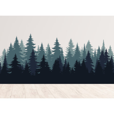 Décalcomanie murale forêt Evergreen - paysage de pin - bleu sarcelle et bleu marine Silhouette Art - Nature murale - décor bois moderne 676DLU