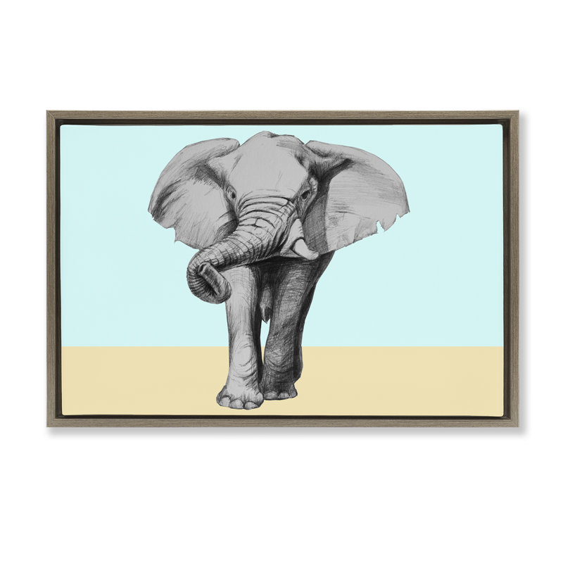 Éléphant esquissé sur cadre flottant aux teintes bloquées, design par Violeta Vollmer, H 21 po x l 31 po