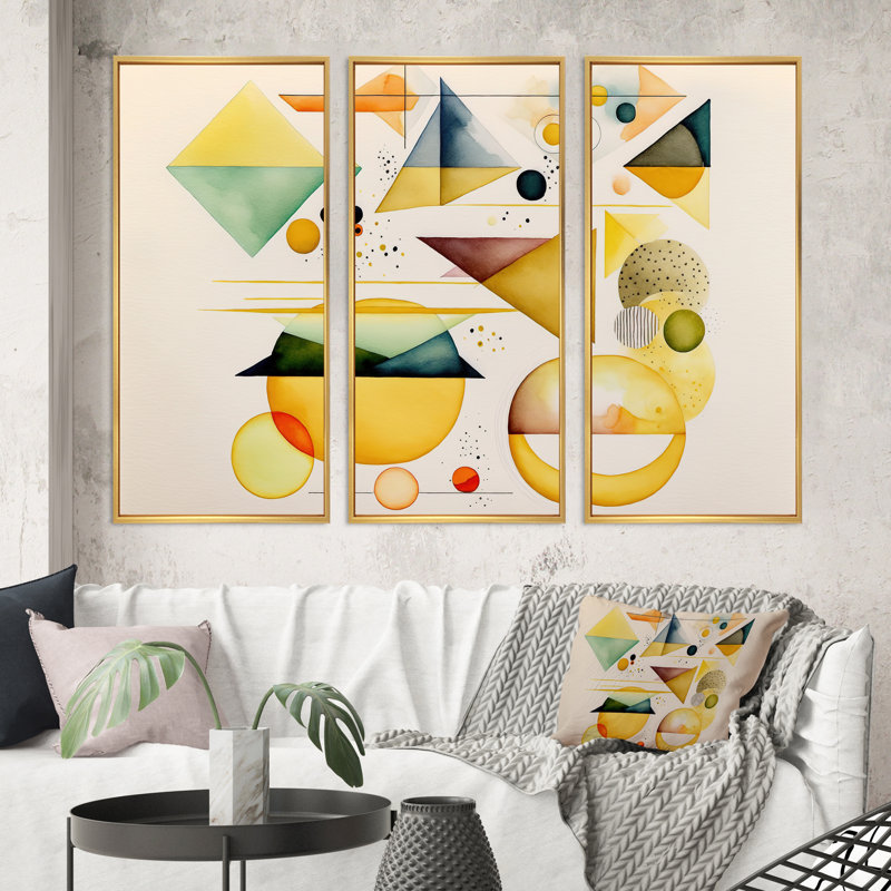 Kerri jaune à formes multiples abstraites I - impression de 3 pièces, H 28 po x l 36 po x P 1 po, Encadrement doré