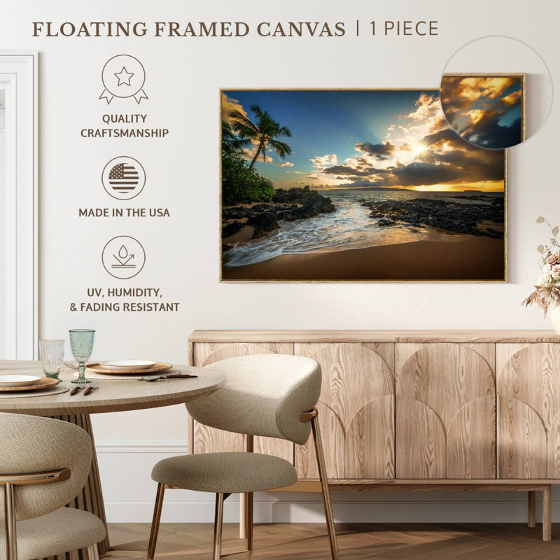 Makena Cove, ciel coucher de soleil, Cadre flottant en bois naturel, 19 po x 13 po
