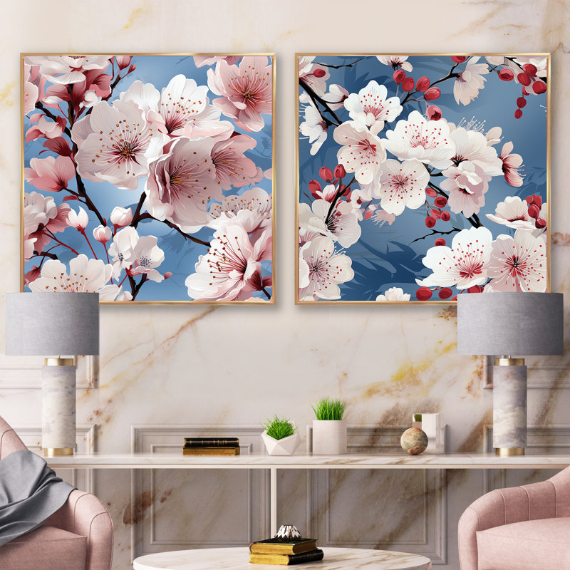 Joliette - Ensemble de 2 collages floraux carrés, Cadre flottant doré, H 30 po x l 61 po