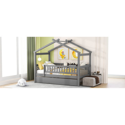 Twin Size Wooden House Bed With Twin Size Trundle, Gray