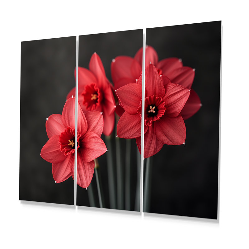 Monochromes de gouttes de pluie noires et rouges - ensemble d'art mural jonquilles, Métal métal, H 32 po x l 48 po x P 1 po
