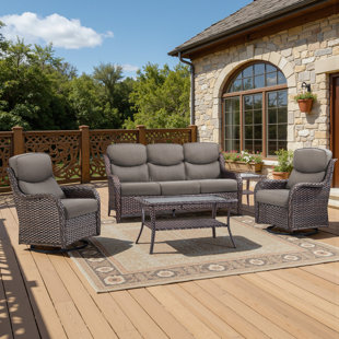 Ensemble de conversation de patio en osier tressé à la main pour 5 personnes avec chaises pivotantes à bascule et table d'appoint, coussins en oléfine de 12,7 cm (5 po)