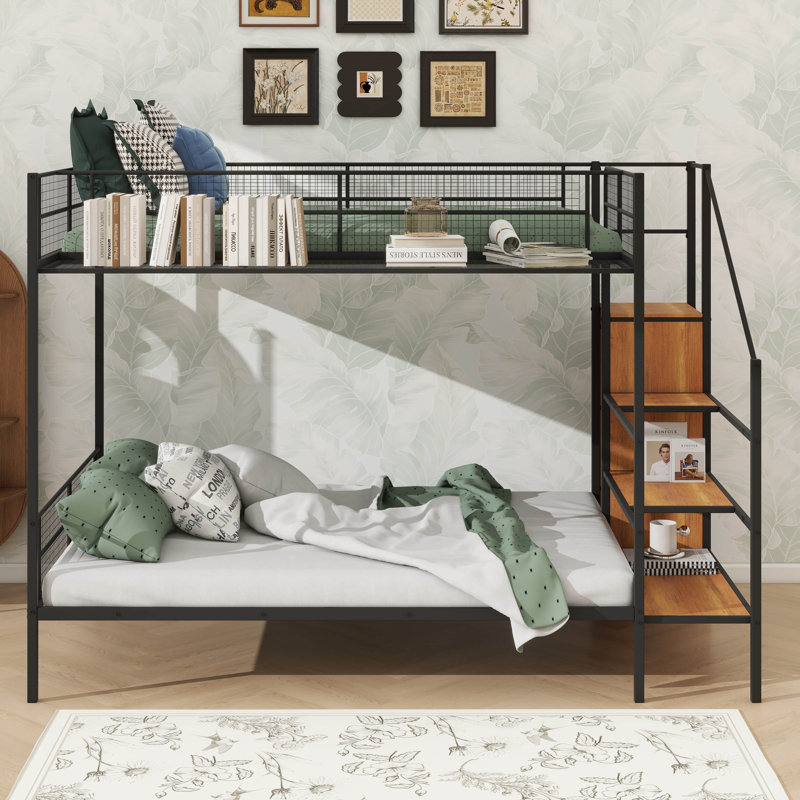 Lit superposé pratique en métal avec étagères grillagées et armoire intégrée, Noir, noir, noir, noir