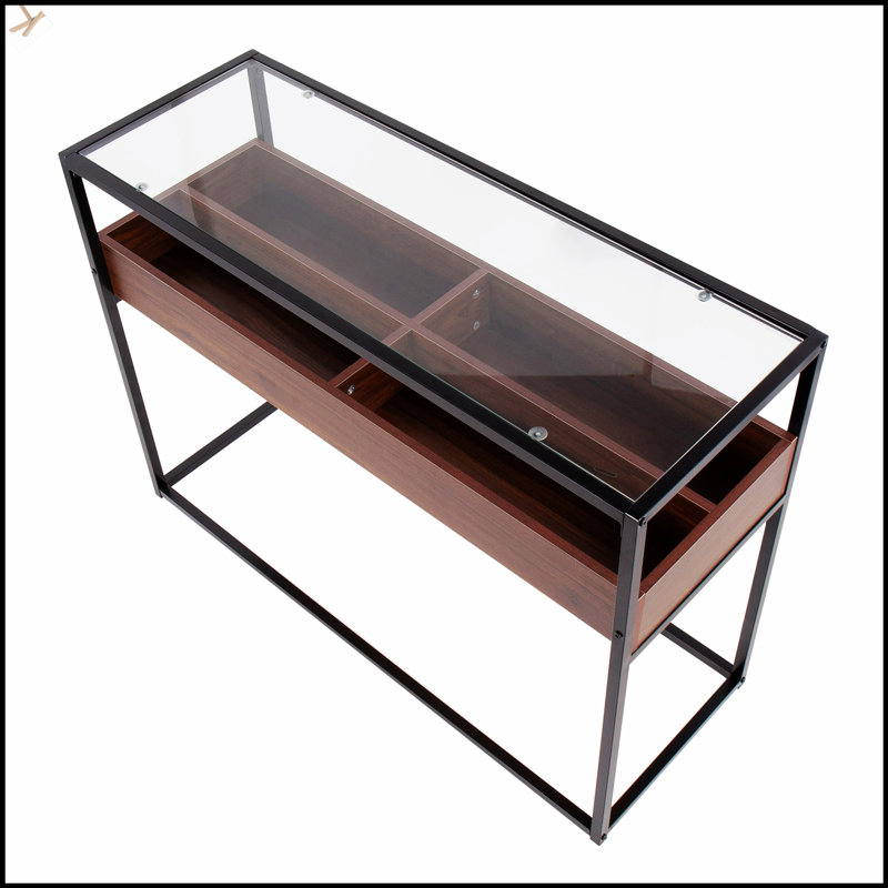 Console contemporaine avec structure en métal et plateau en verre transparent, pour un rangement et une présentation modernes