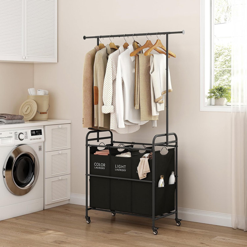 Chariot de tri de linge avec support suspendu, trieur de linge 3 sections, panier à linge avec roulettes verrouillables robustes, noir