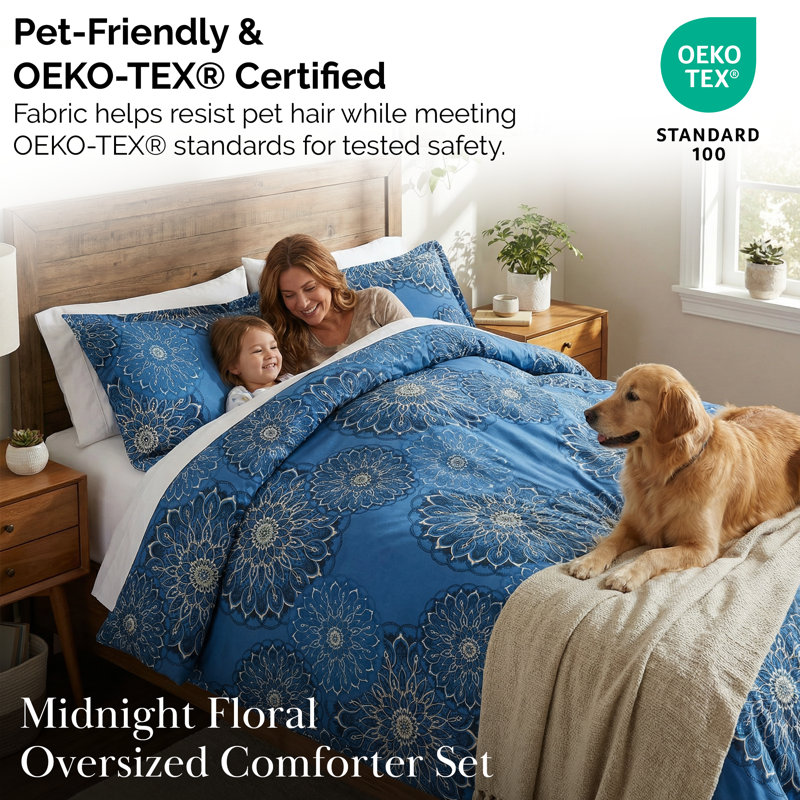 Midnight Floral Microfiber 3 Piece Comforter Set, King Comforter + 2 Shams, Blue