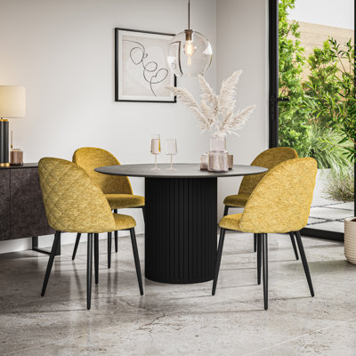 Arlo White Marble Table Top W Oak Legs + Raye Velvet Dining Chair Mustard Set Of 4 
