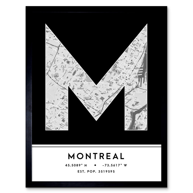 Montreal City Map Montreal Black & White 1 Piece Single Picture Frame Wall Art