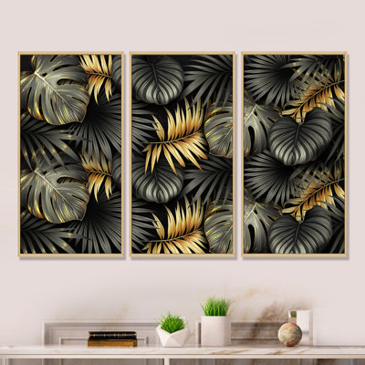 «Black and Gold Tropical Leaves II», reproduction de cadre flottant 3 pièces sur toile