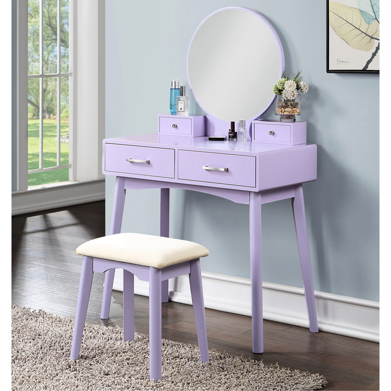 Contemporary Purple Vanity And Stool, Cushion For Added Comfort Wood Stool - Modern Style With Storage, Solid Frame, , 17.52"W Dimension