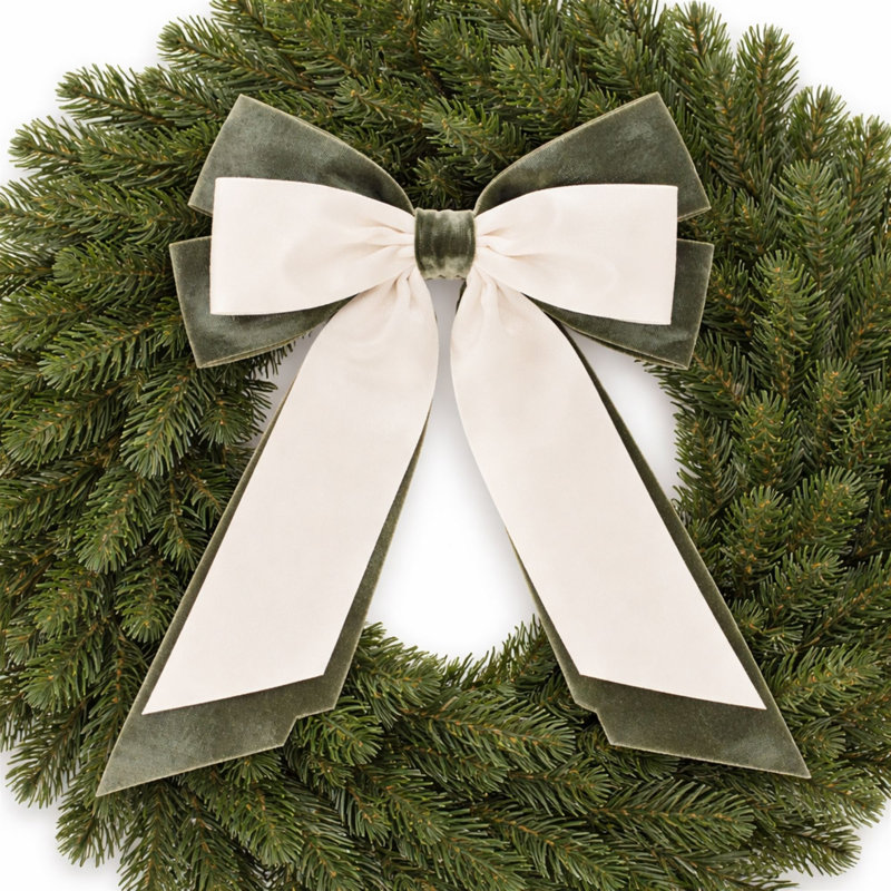Double Bow Ornament (Set of 2), 12"H, Green, Cream
