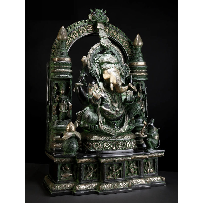 33" Large Temple Ganesha Brass Sculpture - Handcrafted Indian Chaturbhuja Statue with Musical Base & Divine Goddesses for Home Temple & Living Room Decor
