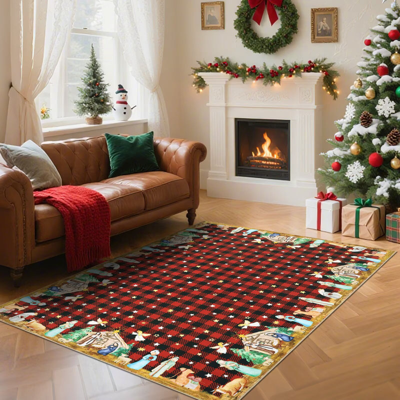Christmas Area Rug Machine Washable Holiday Rug with Rubber Backing Non-Slip Low Pile Xmas Decorative Carpet, Stain-Resistant Merry Christmas Foldable Floor Covering