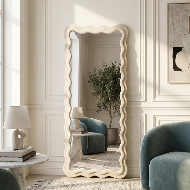 Full Length Mirror, 68.8" x 25.6" Wall Mirror, Flannel Wrapped Wooden Frame Floor Mirror, Irregular Wavy Mirror, Bright White