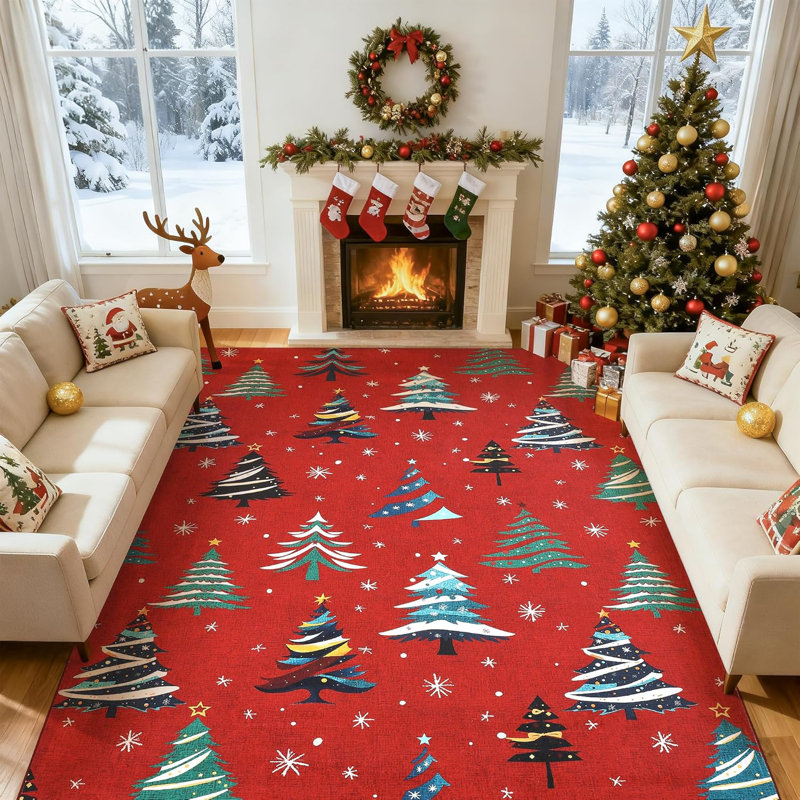 Christmas Tree Non-Slip Washable Low Pile Area Rug, Holiday Decor Living Room Rug, Red Xmas Design, Rectangle 8' x 10'