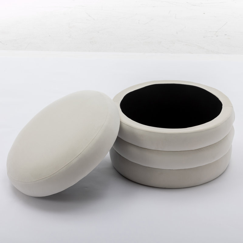 Repose-pieds rond avec rangement, Velours ivoire