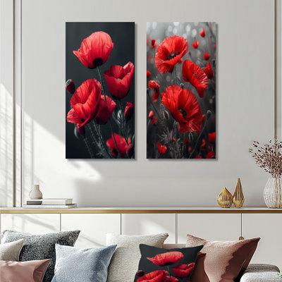 Rouge, noir, coquelicots, monochrome, charme I - coquelicots, ensemble de 2 pièces d'art mural