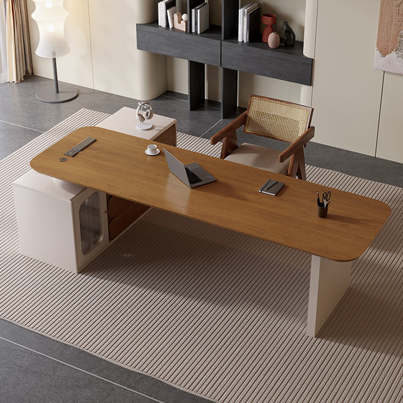 Bureau à 3 tiroirs brun + beige-blanc en L massif + bois manufacturé + verre, H 29,53 po x l 70,87 po x P 31,5 po